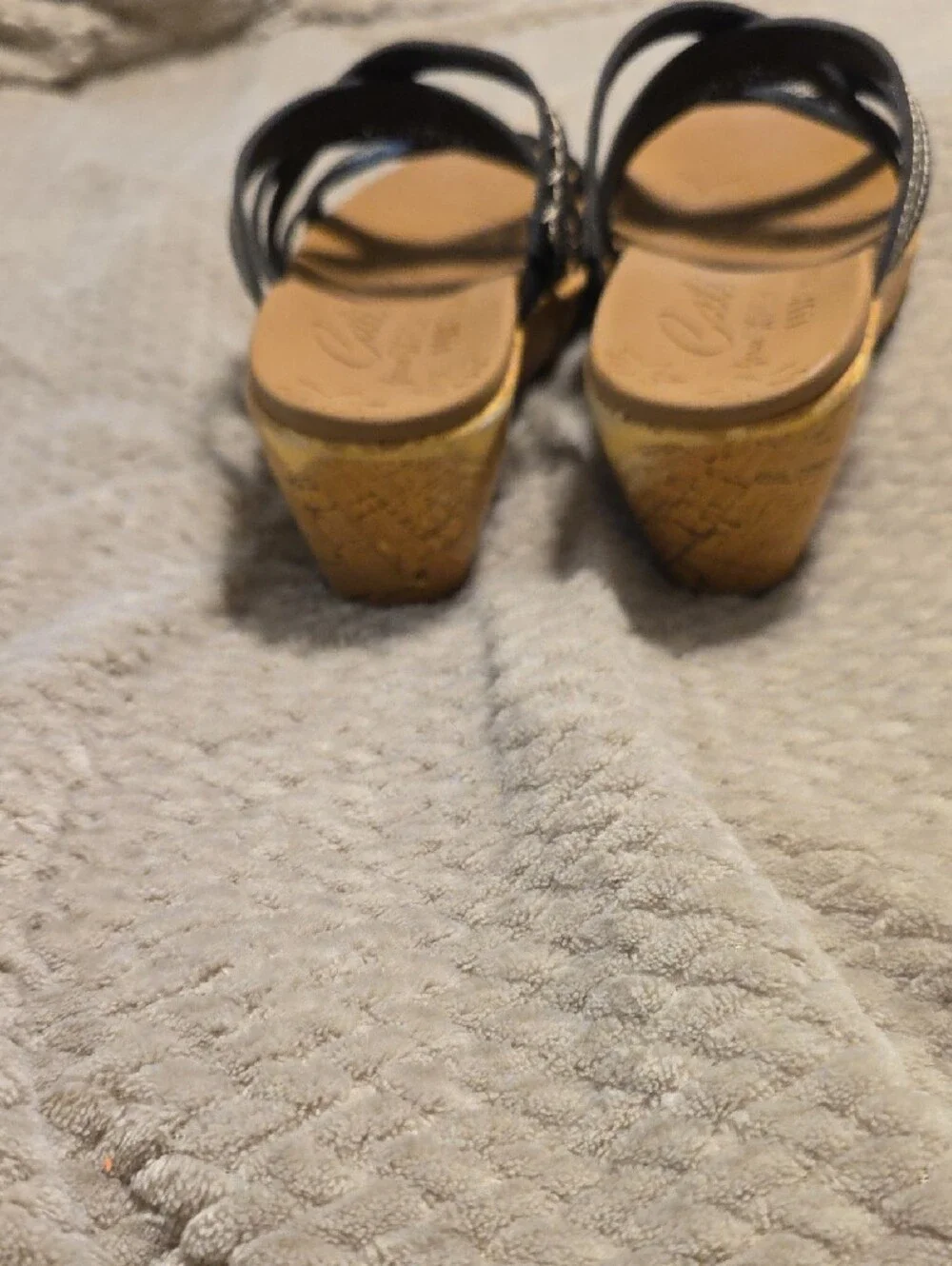 Skechers Black Strappy Wedge Sandals with Tan Cork-Look Heel
